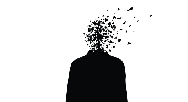 A mans head is exploding into pieces in a surreal vector graphic illustration