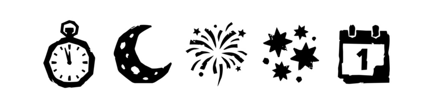 New Year Celebration Silhouette Icon Set including Clock approaching Midnight, Crescent Moon, Fireworks, Stars, and January 1 Calendar in Linocut Style