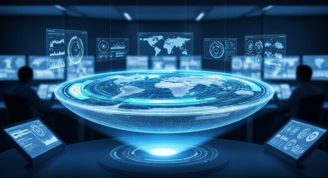 Futuristic Holographic Earth Projection in a Digital Command Center