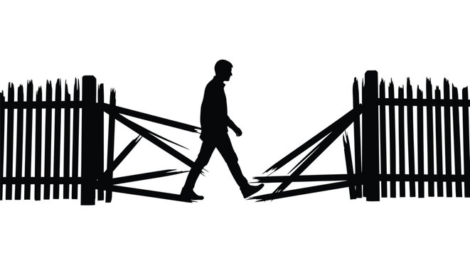 Man walking through broken fence in a vector graphic illustration