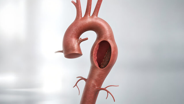 Aortic aneurysm, dilated aorta, mural thrombus, abdominal aorta, vascular wall, medical 3D anatomy, realistic clinical illustration