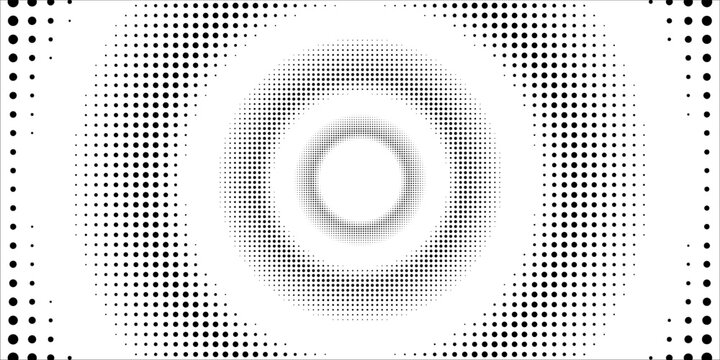 Halftone concentric circle background. Black and white dotted circular gradient. Radial fading comic texture. Grunge rough round pop art backdrop. Vector dot line epicenter wallpaper concept