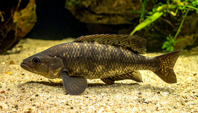 bichir fish gliding slowly across sandy aquarium floor wide shot
