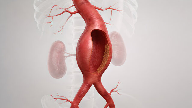 Aortic aneurysm, dilated aorta, mural thrombus, abdominal aorta, vascular wall, medical 3D anatomy, realistic clinical illustration