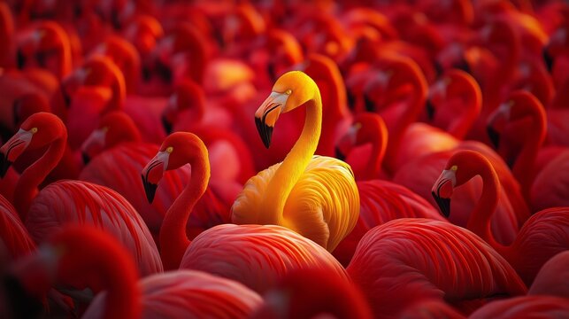 Yellow flamingo standing among red flamingos, striking contrast highlights uniqueness, individuality and standout concept in vibrant wildlife scene