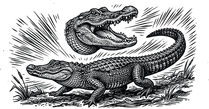 Vintage engraving of alligator and crocodile facing each other