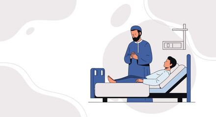 Fototapeta premium Muslim doctor caring for patient in hospital bed, healthcare concept illustration