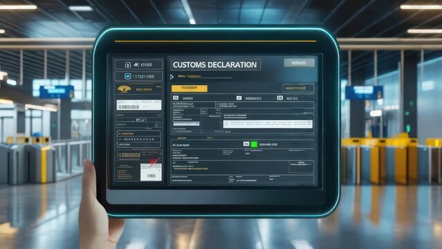 A hand holds a tablet displaying a digital customs declaration form, set against a blurred background of airport-style turnstiles in a modern terminal