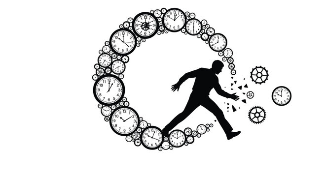 Man running from clocks and clockwork gears in a circular motion vector illustration design