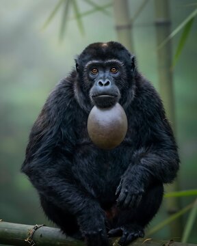 Male black howler monkey resting on a bamboo branch in a lush forest