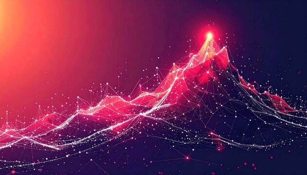 A stylized digital mountain range with glowing lines and points