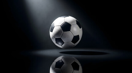 Naklejka premium A classic black and white soccer ball, dramatically illuminated by a powerful spotlight, levitates above a dark, reflective surface, creating a striking and minimalist sports visual
