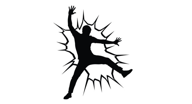 Vector illustration of a man bursting through a wall in a dynamic pose energetically