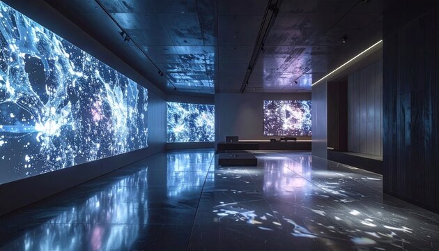 Modern gallery exhibits celestial imagery on large, bright digital displays