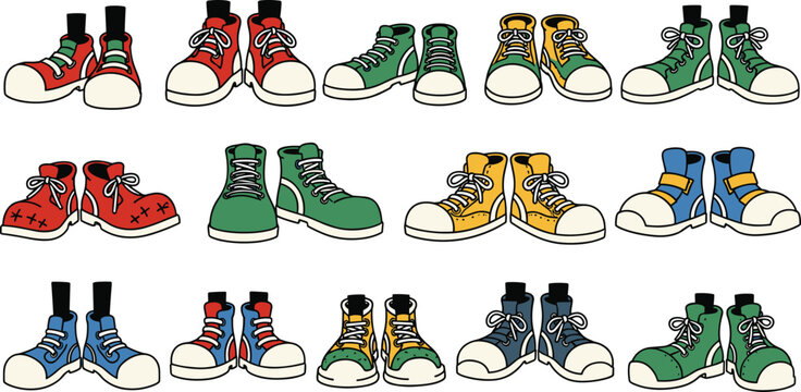 Colorful Cartoon Sneaker Shoes Collection Set Vector Illustration Featuring Red Green Yellow Blue High Top Lace Up Clown Shoes Various Styles Isolated White Background