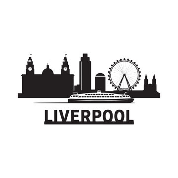 Liverpool skyline silhouette with text and riverboat on white background
