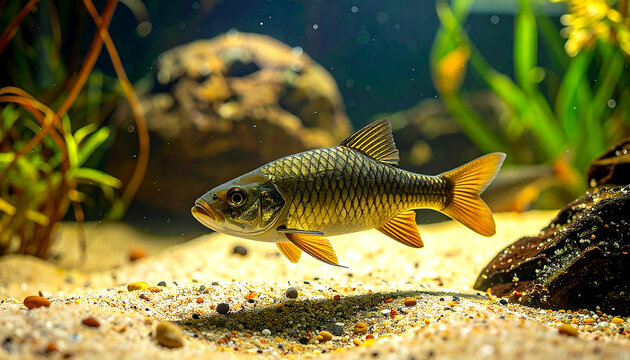 bichir fish gliding slowly across sandy aquarium floor wide shot