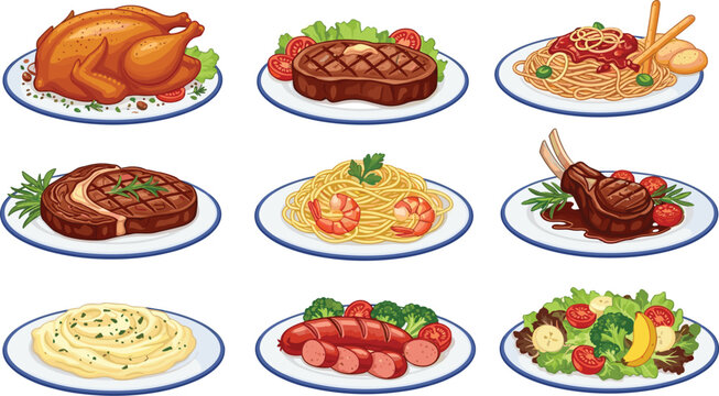 Set of Gourmet Food Dishes Vector Illustrations Featuring Roasted Chicken Grilled Steak Pasta Salad and Sausage for Restaurant Menus Dining and Culinary Design Projects