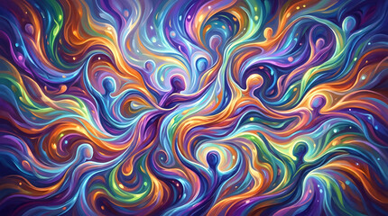 Obraz premium Vibrant abstract digital illustration featuring stylized human silhouettes in a kaleidoscope of swirling colors, representing global diversity, equity, inclusion, and social unity.