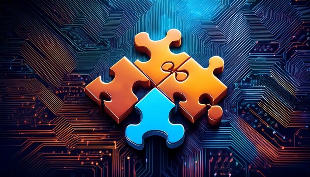 puzzle pieces connected by neon lines against circuit board background m interoperable tech integration