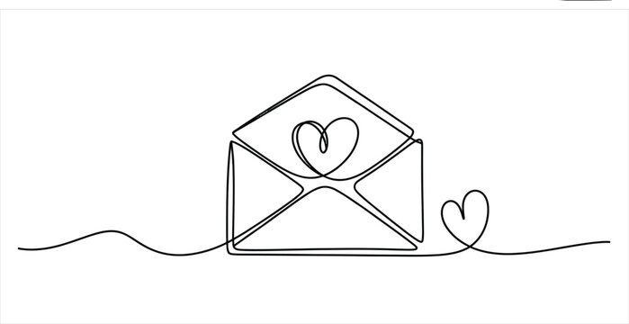 Continuous single line drawing of an envelope with heart symbol for love message and romantic communication concept Vector, illustration
