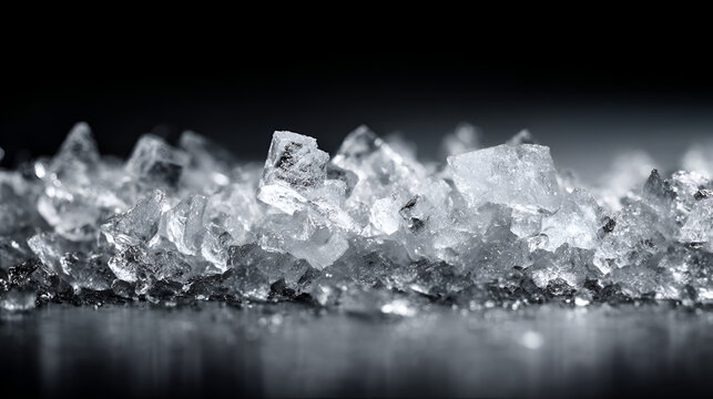 Salt crystals showcase unique transparent and rough textures against a dark background, highlighting their natural mineral composition and use as a flavor enhancer