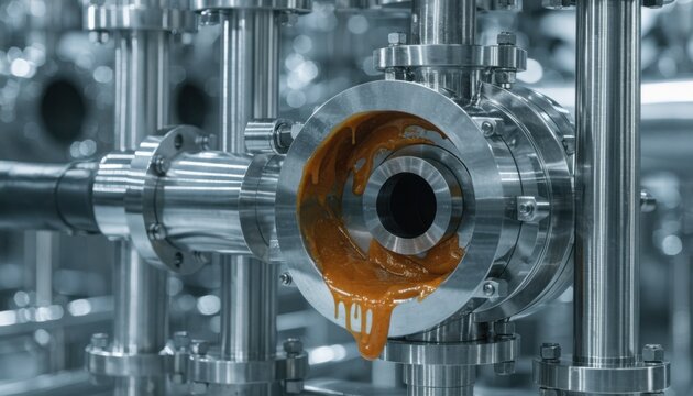Medium angle of a sauce production sanitary pump emphasizing its robust polished design engineered for easy cleaning and contamination prevention in foodgrade environments.