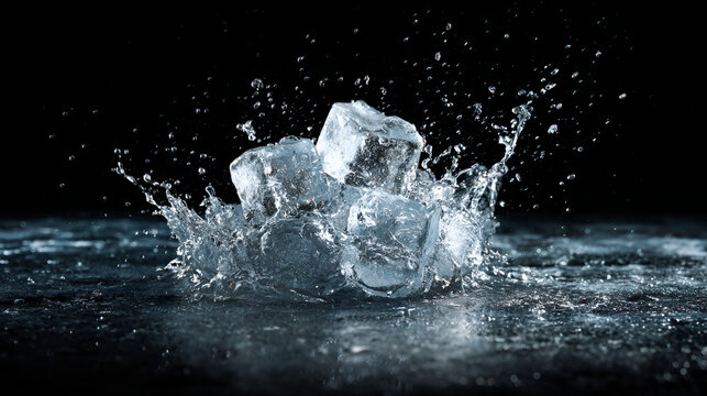 Ice cubes splashing into ice water, creating a refreshing burst of cold droplets against a dark background, symbolizing coolness, hydration, and an invigorated feeling