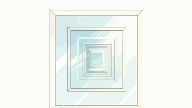 Minimalist Recursive Nested Square Framed Mirror Optical Illusion, Infinite Droste Tunnel Depth Effect, Subtle Glass Reflections, Soft Pale Blue And Cream Off-White Clean Geometric Art