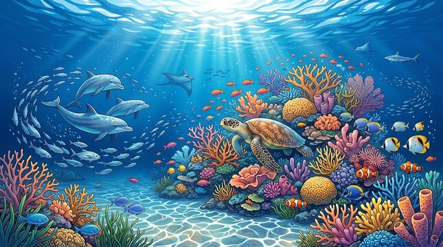 An intricate digital illustration reveals a vibrant underwater summer scene, where sunlight filters through to illuminate a colorful coral reef teeming with marine life.