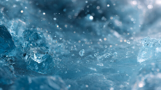 Abstract close up of water splashing, creating numerous clear bubbles and frozen ice fragments with a refreshing cold blue tone and sparkling bokeh lights