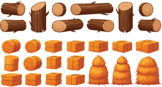 Wood Logs and Hay Bale Collection with Timber Pieces, Straw Bundles, and Agricultural Materials for Farming, Forestry, and Rural Illustration Design