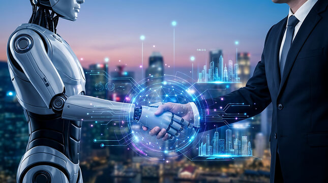 Advanced humanoid robot and human professional shaking hands symbolizing agentic autonomy and artificial general intelligence collaboration within a futuristic digital tech environment for AGI.