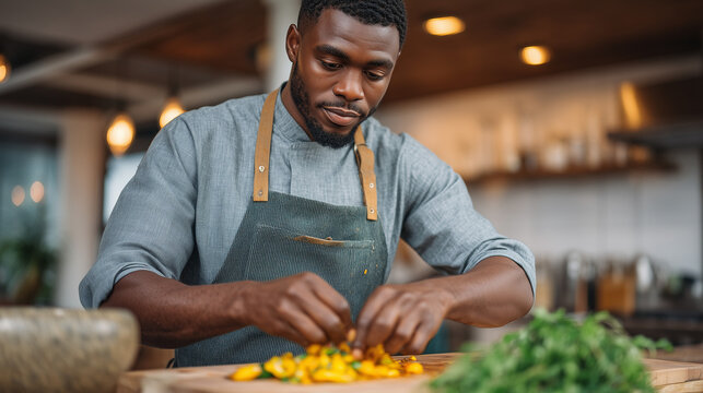 Peruvian-Nigerian home cook mixing suya spice blend into a ceviche leche de tigre in a small urban apartment kitchen, both a mortar of African peppercorns and a pile of fresh aj&iacute; limo peppers on the