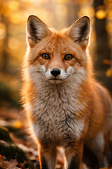 Fototapeta premium Close-up of a fox in autumn forest with soft light