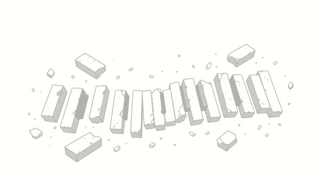 Isometric hand-drawn line art illustration of chipped rectangular stone bricks arranged in a curved domino formation, with scattered broken brick fragments on a plain off-white minimalist background