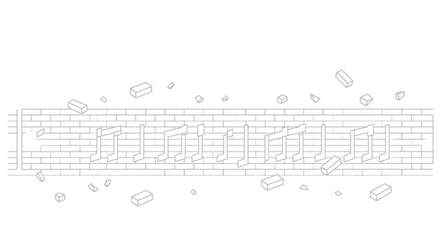 Surreal Monochrome Isometric Line Art of Three-Dimensional Musical Notes Embedded in a Brick Wall, Scattered Broken Brick Fragments Floating Above and Below