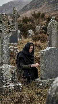 Mourning woman lighting candle by gravestone in cemetery. Grief and memorial ritual for departed soul. Sad lady remembering deceased person in ancient graveyard. Vertical video