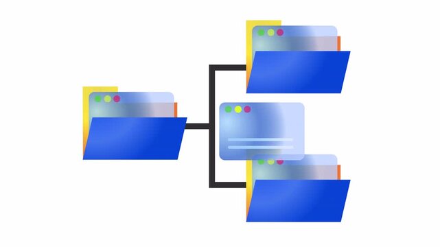 Data organization hierarchy with blue folders and website browser icons in a cartoon animation. Digital file management and server directory structure diagram in flat design style.