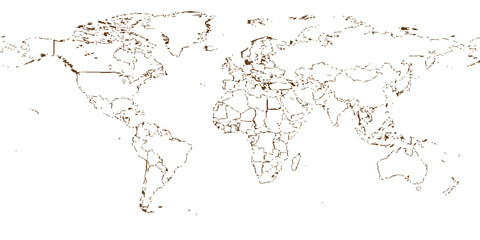 A vector illustration of a global earth map made of black ink splashes depicting world continents and geography for a travel atlas © MDJAHIRULISLAM