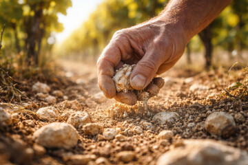 Naklejka premium Close-up of a hand inspecting soil in a vineyard
