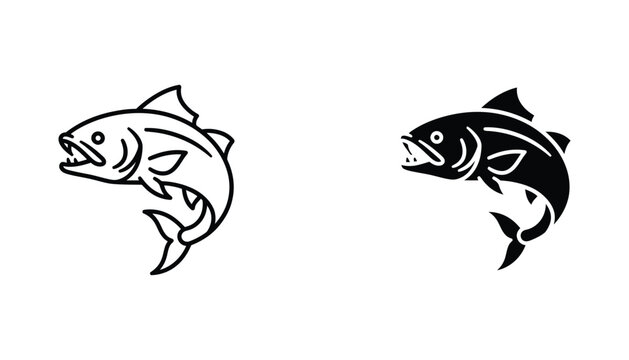 Jumping predatory fish icon with sharp teeth in aggressive action pose for fishing sport logo and outdoor adventure branding