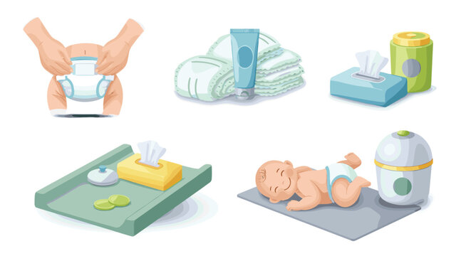 
Baby Diaper Care Product Icon Set with Wipes, Cream, Changing Mat, and Newborn Essential Elements for Parenting Design Projects

