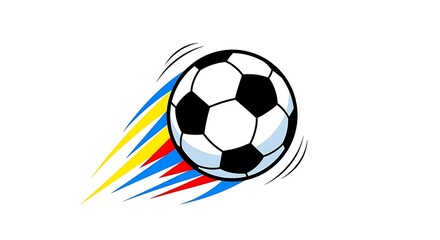 Obraz premium cartoon soccer ball bouncing in mid air with squash and stretch effect, dynamic motion lines, playful animation style, vibrant colors, isolated on pure white background, centered composition, 
