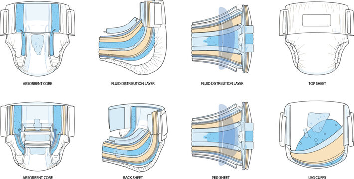 Baby Diaper Cross Section Technical Diagram Set with Layer Structure and Absorbent Core Views for Medical and Product Design Projects
