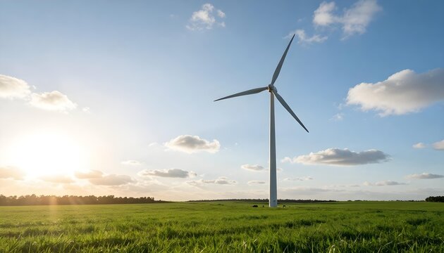 Solitary wind turbine against a scenic landscape under a bright sky