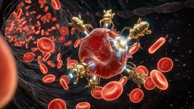 4K Medical Animation of Microscopic Nanobots Repairing Blood Cells. Nanotechnology and Future Healthcare Concept