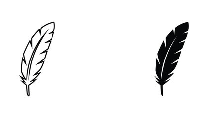 Delicate bird feather icon symbol of flight and lightness in linear outline and solid black silhouette style for nature themes and writing branding projects isolated on white background for design © Fluid