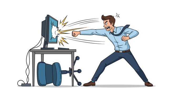 Stressed businessman in a blue shirt loses his temper and punches his computer monitor causing it to break in an office environment.