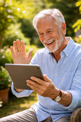 Obraz premium Senior man happily waving while video chatting in garden